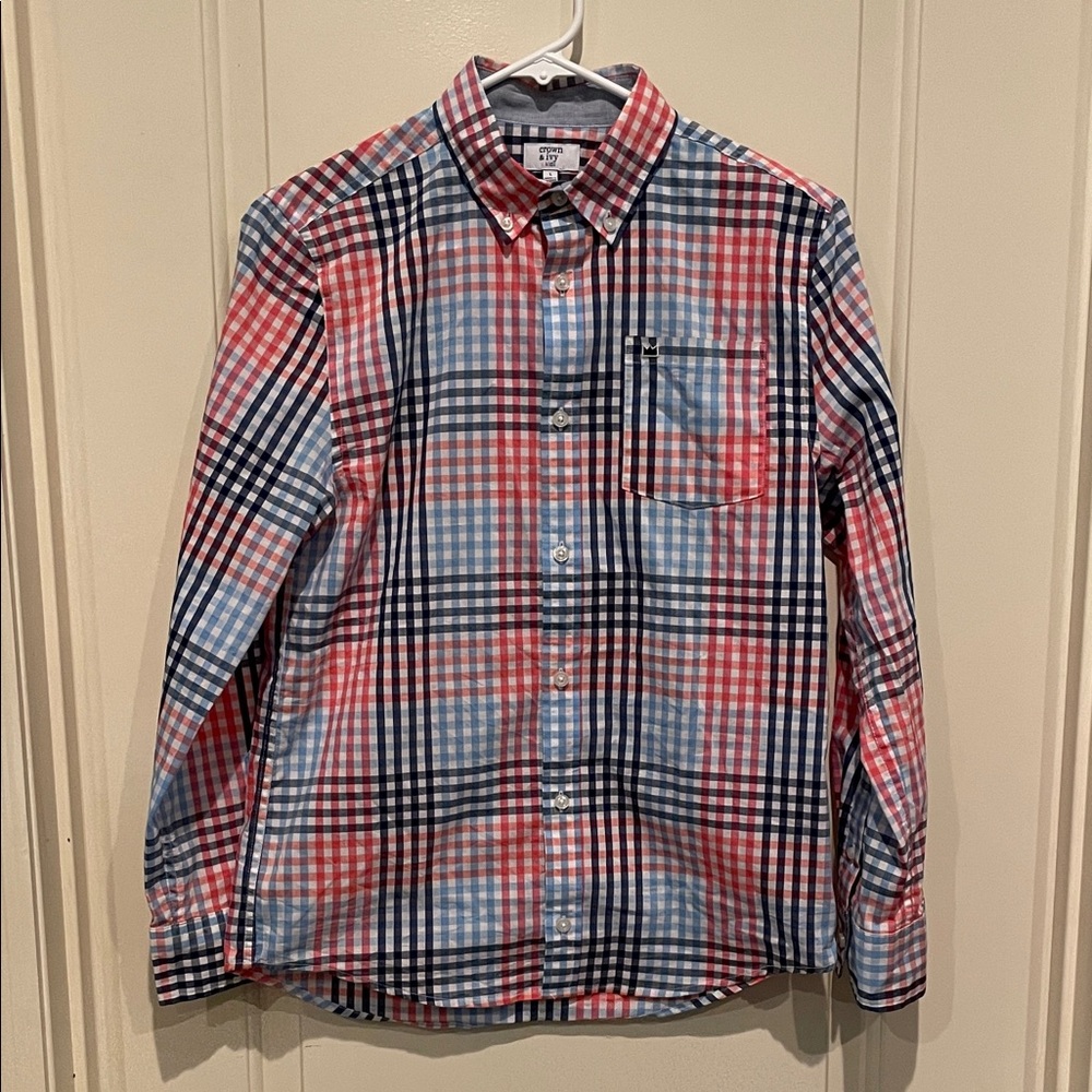 Crown & Ivy Boys Checkered Long Sleeve Shirt - Red, Blue, and White, Size Large